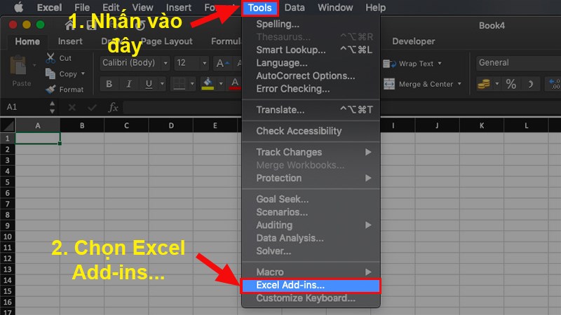 Mở file Excel cần cài đặt Add-ins  Chọn thẻ Tool  Nhấn chọn Excel Add-ins...